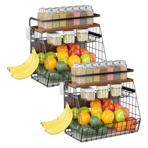 2-Pack Black Wire Kitchen Countertop Organizer with Wood Shelf and Banana Hook